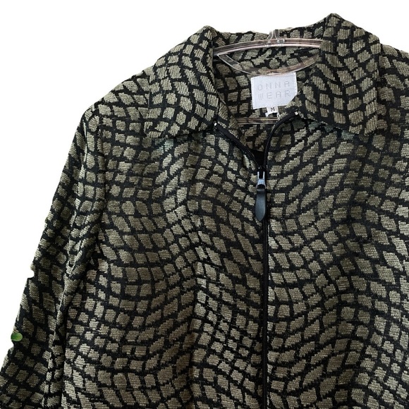 Onna Wear Tapestry Knit Cropped Faux Leather Pull Zip Jacket Taupe Black Size M - Picture 3 of 8